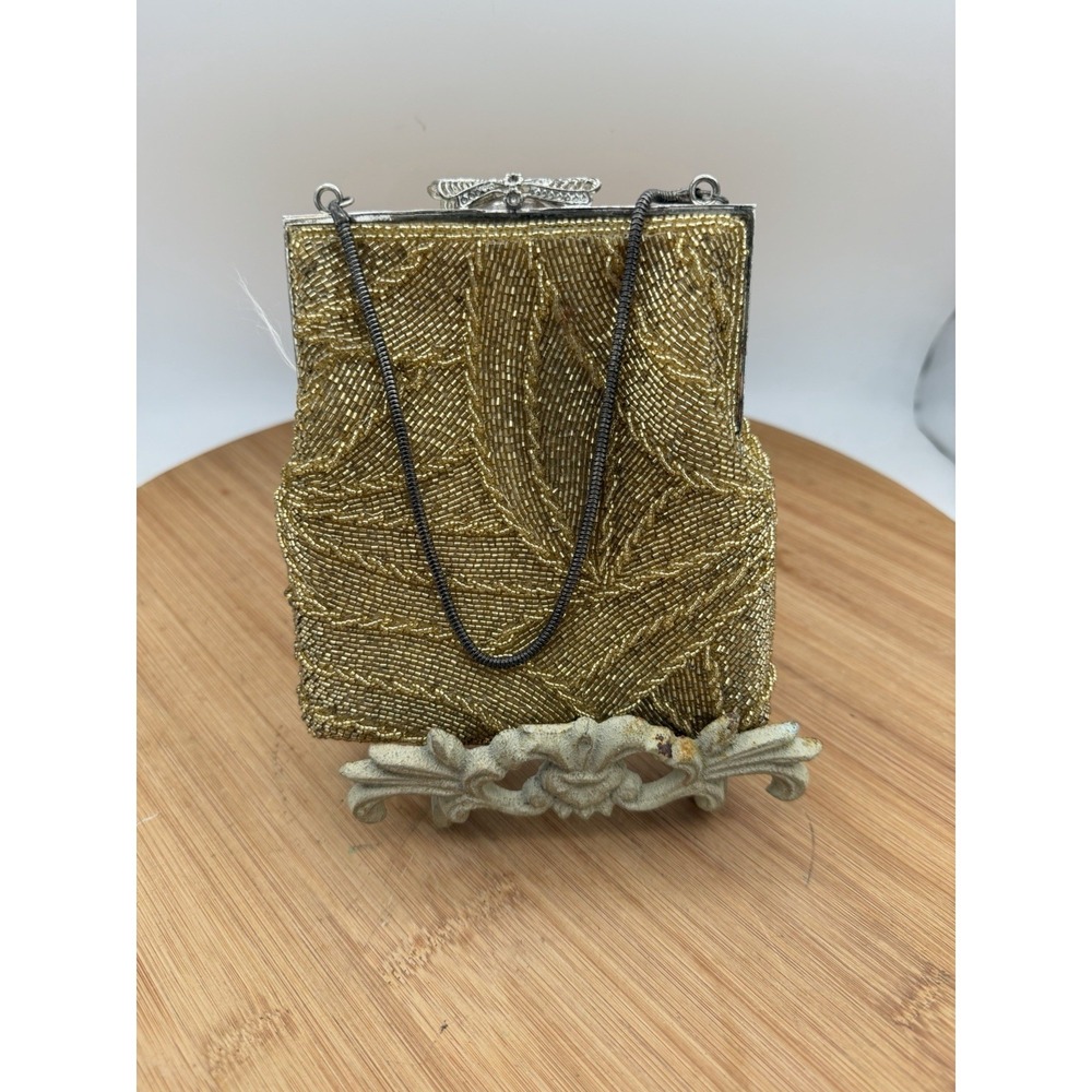 Vintage‎ Art Nouveau 1950's gold wave swirl beaded evening bag Dragon Fly clasp